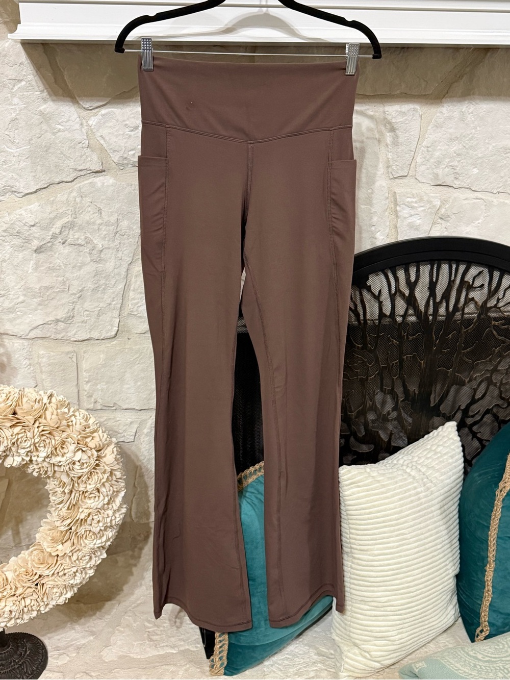 High-Rise Brown Flare Leggings with Side Pockets